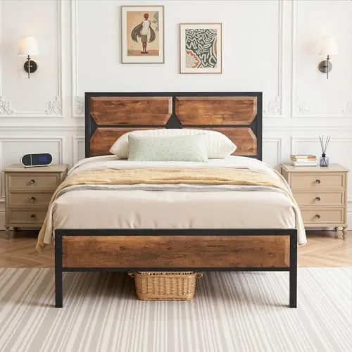 VECELO Bettgestell 90 x 200 cm, Metallbett mit Dick Holzkopfteil und Lattenrost, Doppelbett mit Stauraum unter dem Bett, perfekt für Schlafzimmer, Vintage Braun