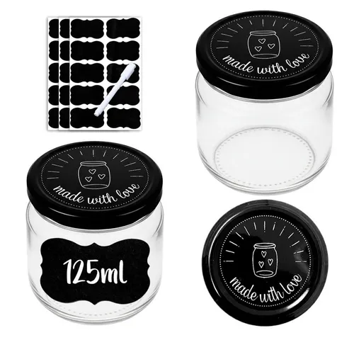 mixed24 Marmeladenglas 27x 125ml - Einmachgläser mit Etiketten - Marmeladengläser mit schwarz-weißem Deckel, inkl. 30 wiederverwendbarer Etiketten und abwischbarem Stift. Ideal für selbstgemachte Marmelade, Gelee und mehr. Perfekt zum Verschenken!