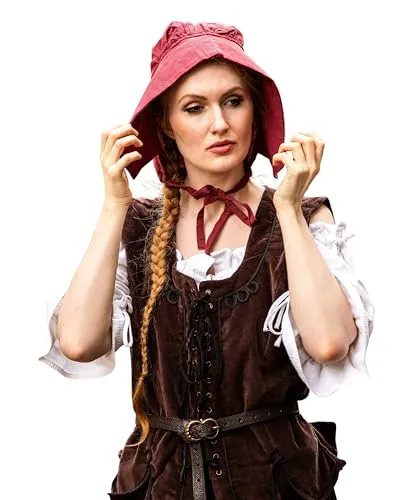 Leonardo Carbone® Damen Kopfbedeckung Mittelalter-Bundhaube Claire | Kapuzenartiger Schnitt | Lange Bänder | Karneval, Halloween, Cosplay, LARP, Haube, Hut, Mütze | 100% Baumwolle Rot