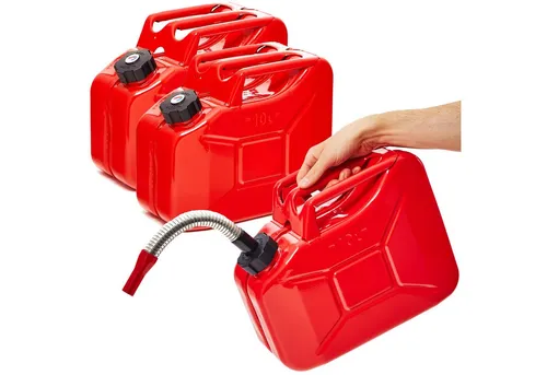 BW® Metall Benzinkanister 3x 10 Liter mit Ausgießer - Rot - Robuster Reservekanister aus 0,9mm pulverbeschichtetem Stahl, TÜV-zertifiziert. Mit breitem Ausgießer für schnelles und sicheres Betanken von Benzin, Diesel und mehr.