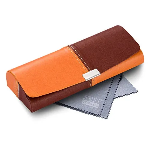 FEFI Zweifarbiges Hardcase Brillenetui in Leder-Optik mit Chrom-Applikation - inklusive hochwertigem Brillenputztuch/Mikrofasertuch (Orange/Braun)