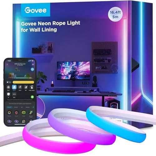 Govee Neon LED Strip 5M RGBIC für Sockelleiste - LED Streifen mit Matter-Kompatibilität und Musiksync, bietet sanfte Lichteffekte und nahtlose Eckenanpassung für eine stilvolle Raumgestaltung.