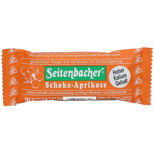 Seitenbacher® Schoko-Aprikose - Frucht- & Müsliriegel mit 90% ungeschwefelten Aprikosen, überzogen mit zarter Vollmilchschokolade – ideal für einen fruchtigen Snack unterwegs und reich an Ballaststoffen.