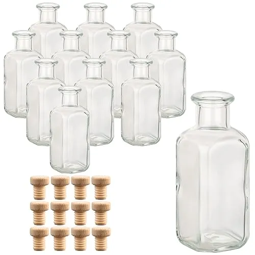 gouveo 12er Set Glasflaschen 100 ml Apotheker Design eckig mit Korken (HGK) - Kleine 0,1 l Flasche aus Glas für Likör, Öl, Essig, Deko (AFET100HGK)