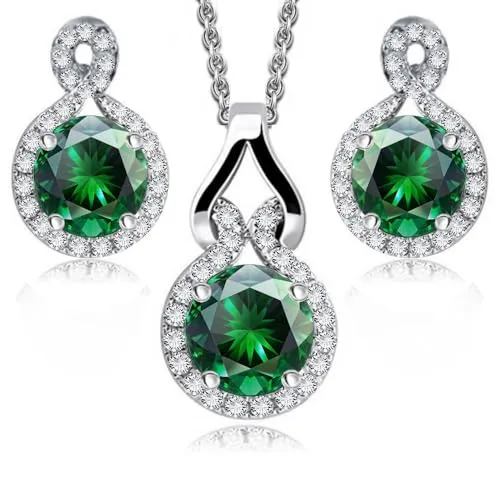 Crystalline Azuria Rund Grüner simulierter Smaragd Zirkonia Kristalle Schmuck-Set Halskette Anhänger 45 cm Ohrringe 18 kt Weiß Vergoldet