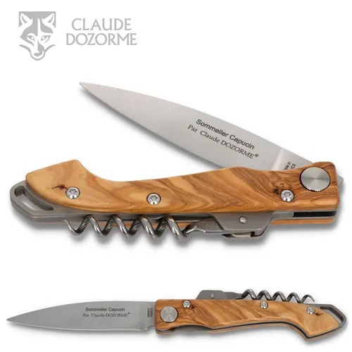 Claude Dozorme Taschenmesser Couteau Capucin – Olivenholzgriff, Korkenzieher, Liner Lock - Elegantes Weinmesser mit 10,5 cm Klinge und Liner Lock. Handgefertigt aus hochwertigem Edelstahl und Olivenholz. Ideal für Weinliebhaber und perfekt als Geschenk!