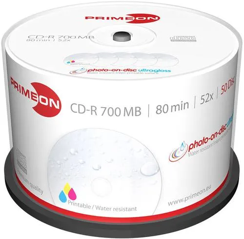 Primeon 2761109 CD-R 80 Rohling 700 MB 50 St. Spindel Bedruckbar, Hochglanz Oberfläche, Wasserfest, Wischfest