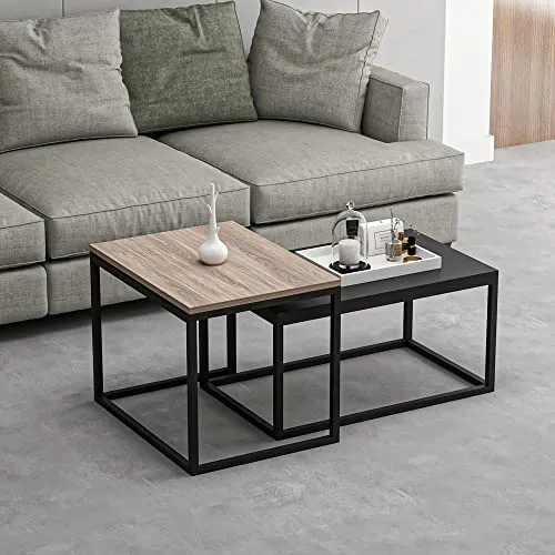 [en.casa] Satztisch Aabenraa 2er Set - Vielseitige Couchtische aus Spanplatte und Metall - Satztische fürs Wohnzimmer, ideal für Snacks und Deko. Platzsparend ineinander schiebbar und mit zeitlosem Design in Eiche/Schwarz.