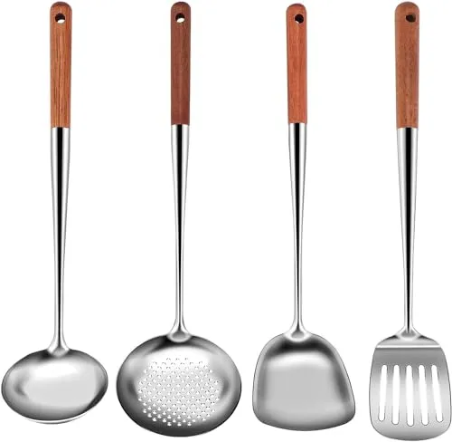 Popshyly Langer Rostfreier Stahl Wok Spachtel KüChe Schlitz Wender SchöPfen Kelle Kochen Werkzeuge Utensilien Set