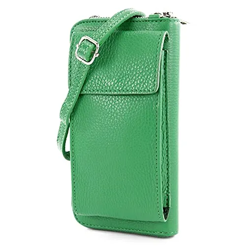 modamoda de P06 Damen Leder Umhängetasche Geldbörse Handytasche 6,5 Zoll handmade in Italy, Farbe:Blattgrün