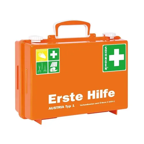 Erste-Hilfe Koffer SN-CD orange mit Füllung Ö-Norm Z 1020-1 - Erste Hilfe Koffer, genormt und gefüllt mit steril verpacktem Verbandsmaterial, bietet alles für Notfälle und ist durch die robuste Box langlebig und übersichtlich.