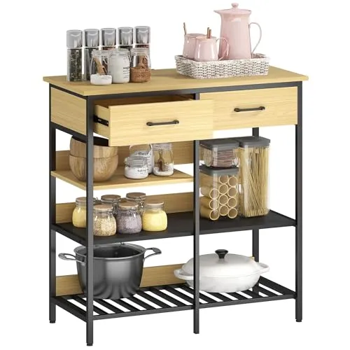 HOMCOM Sideboard, Kommode mit 2 Schubladen, 3 offenen Regalen, Küchenschrank Buffetschrank Aufbewahrungsschrank für Küche, Wohnzimmer, Esszimmer, 90x40x91 cm, Naturholz