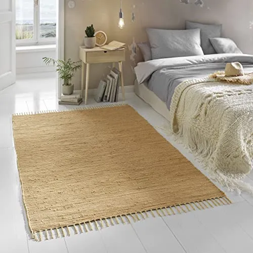 TacaHome Flicken-Teppich 100% Baumwolle I Waschbarer Fleckerl mit Fransen I Esszimmer Küche Badezimmer Wohnzimmer Kinderzimmer | 90 x 160 cm Beige