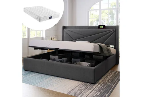 Stilvora Polsterbett Grau 140x200 cm mit Stauraum - Elegantes Polsterbett mit praktischem Stauraum für eine effiziente Raumnutzung. Das gepolsterte Kopfteil sorgt für Komfort beim Anlehnen. Inklusive Matratze für erholsamen Schlaf.