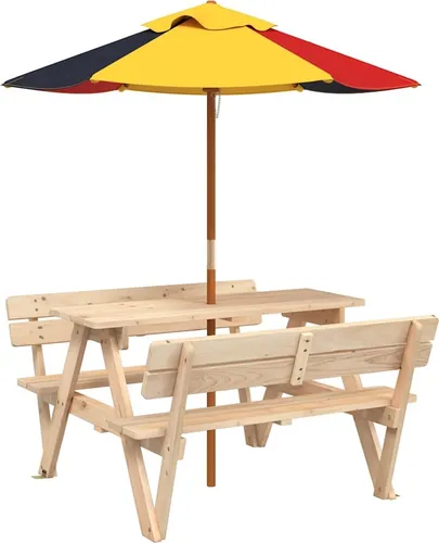 vidaXL Picknicktisch für 4 Kinder mit Sonnenschirm aus Massivholz - Kompakter Picknicktisch für Kinder mit praktischem Sonnenschirm. Ideal für Garten und Terrasse, perfekt für Spiel und Spaß im Freien. Robuste Bauweise und gemütliche Sitzgelegenheit für gemeinsame Erlebnisse.
