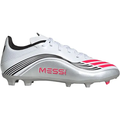Adidas F50 MESSI LEAGUE FG/MG Kinder Fußballschuhe - Silber - Vielseitige Fußballschuhe für Kinder, inspiriert von Lionel Messi. Mit flexiblem HybridTouch Obermaterial und bequemer Synthetikzunge für optimalen Komfort und Geschwindigkeit auf verschiedenen Oberflächen.