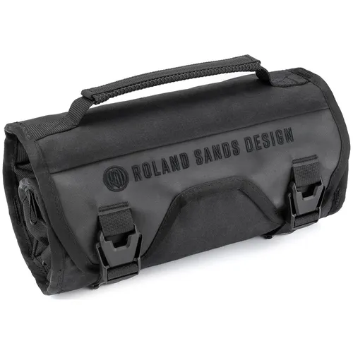 Kriega Roam Tool Roll Roland Sands Design, Schwarz - Fahrradwerkzeugrolle aus gewachster RSD-Baumwolle mit 4 YKK-Reißverschlusstaschen und 10 elastischen Schlaufen, ideal für die sichere Aufbewahrung von Werkzeugen auf Tour.