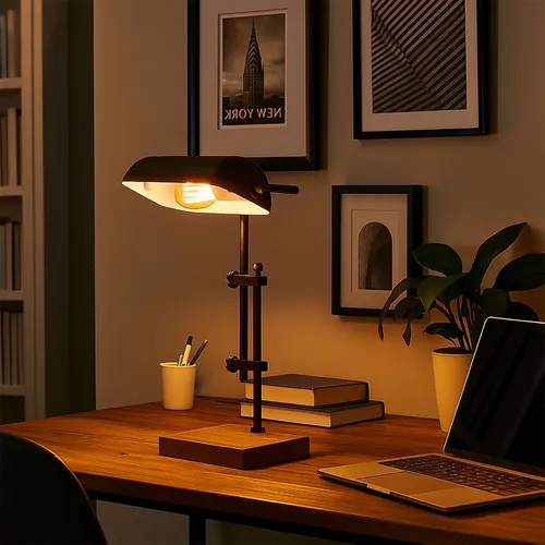 Höhenverstellbare Tischlampe in Schwarz und Holzoptik - Moderne Tischleuchte aus Metall und MDF, höhenverstellbar für optimale Anpassung. Ideal für Büro, Wohnzimmer oder Esszimmer.
