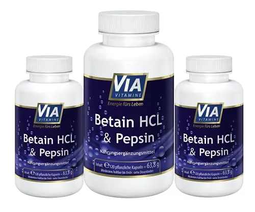 Betain HCL + Pepsin 3er Packung, 360 Kapseln, höchste Qualität - Hochwertige Kapseln zur Unterstützung der Verdauung, in Deutschland hergestellt und geprüft für optimale Qualität.