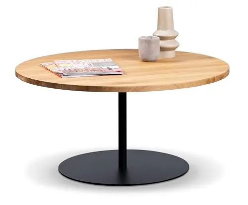 M2 Kollektion Couchtisch LEO - Massivholz & Metall, Ø 80 cm - Couchtisch aus hochwertiger Wildeiche mit schwarzem Metallgestell, geölte Oberfläche für edlen Look und runde Ablagefläche - perfekt für stilvolle Wohnräume.
