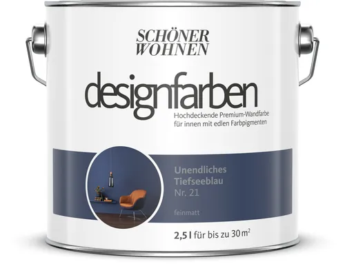 Schöner Wohnen Designfarbe Blau - Unendliches Tiefseeblau 2,5L - Farben für den Innenbereich, UV-beständig und farbecht. Ideal für alle Zimmer mit einer Abdeckung von 21-30 m², überstreichbar nach nur 6 Stunden.