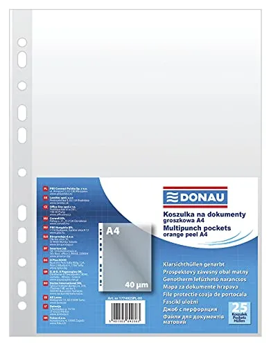 DONAU 1774925PL-00 Prospekthüllen Genarbt Oben Offen Klarsichthüllen Sicht-Hüllen Gelochte Plastikhülle für Dokumente Papiere Akten Ordner/PP Din A4, Transparent 40 mikron/µm, 25 stk.