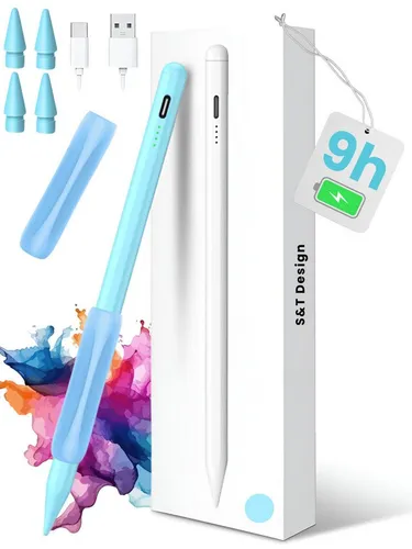 S&T Design Eingabestift für iPad USB-C (2018-2024) - Touchpens mit Palm-Rejection-Technologie und magnetischer Haftung für präzises Zeichnen und Notizen. Schnellladung in nur 13 Minuten für bis zu 9 Stunden Nutzung.