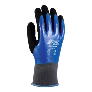 NITRAS Arbeitshandschuhe Oil Grip 3550, Nitril-Beschichtung, Größe 10/XL - Chemikalienschutzhandschuhe mit Nitril-Vollbeschichtung für hervorragende Griffigkeit und Schutz gegen Hitze, ideal für Bau- und Metallarbeiten. Hoher Tragekomfort und Fingerfertigkeit.