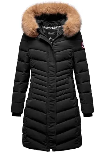 REPUBLIX Damen Gefütterte Dicke Glanz Winter Jacke Mantel Parka mit Kapuze RJ-8015 Schwarz L - Funktionsjacken – elegante und wärmende Winterjacke mit Kunstfellkragen und Kapuze, ideal für Outdoor-Aktivitäten und kalte Tage.