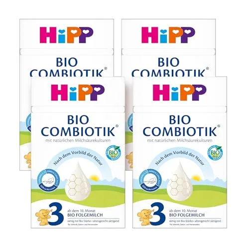 HiPP 3 Bio Combiotik (4 x 600g), Folgemilch ab 10. Monat, mit natürlichen Milchsäurekulturen, Vitamine C und D, GOS, Omega-3 (DHA, ALA), altersgerecht sättigend