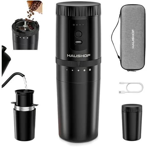 HAUSHOF Tragbare Elektrische Kaffeemühle mit Edelstahlfilter und Thermobecher