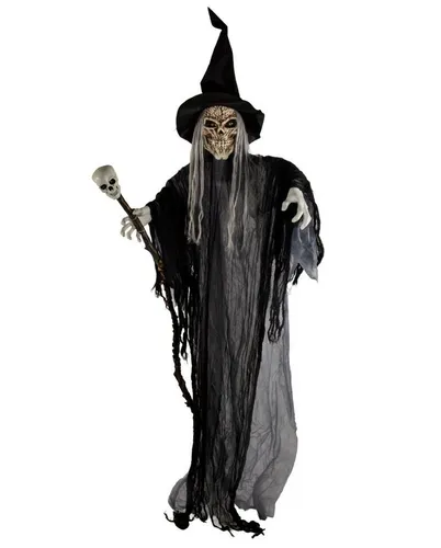 Horror-Shop Dekoobjekt Skelett Zauberer mit Licht & Sound – 183 cm - Gruselige Deko für Halloween oder Horror-Themenpartys. Das Skelett-Zauberer-Objekt sorgt für schaurige Stimmung mit Licht und Sound. Ideal für kreative Raumgestaltungen.