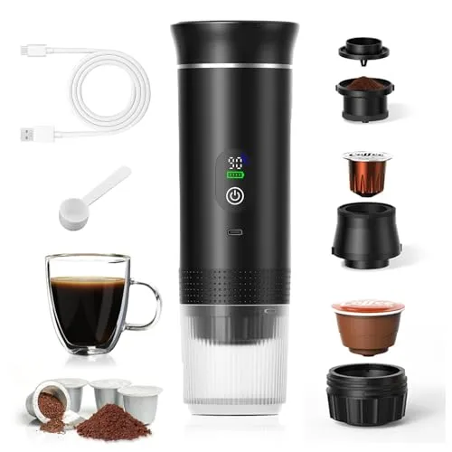 3-in-1 Tragbare Kaffeemaschine Temperaturdisplay Schnellaufheizung 80ml | , 20 Bar Druck, Kompatibel mit Kapseln Gemahlenem Kaffee, 7500mAh USB-C, Reisen & Büro