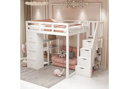 REDOM Hochbett Funktionsbett, Stauraumbett, Kinderbett, Doppelbett (Hochbett, mit Schubladen und Regalen, 140x200cm) ohne Matratze