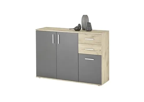 möbelando Kommode >BC 1040< in Grau matt - 120x84x35 (BxHxT) - Moderne Kommode in Grau mit 3 Türen und 2 Schubkästen, bietet viel Stauraum und passt perfekt in jedes Zimmer. Einfache Montage dank detaillierter Anleitung.