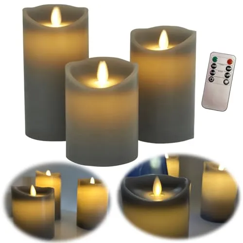 LS-LebenStil 3D LED Stumpenkerzen 3´er Set 10/12,5/15x7,5cm mit Fernbedienung realistisch bewegliche flackernde Flamme Timer Dimmer Kerze batteriebetrieben flammenlos Dekorationen Hochzeit Batterie