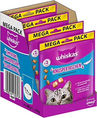 Whiskas Knuspertaschen Katzensnacks mit Lachsgeschmack, 4x180g (4 Packungen) - unterschiedliche Produktverpackungen erhältlich