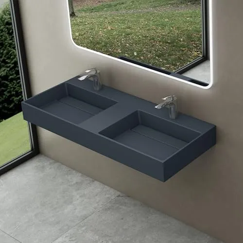 doporro Doppelwaschbecken 120x48 cm - Elegantes Doppelwaschbecken aus robustem Mineralguss in matt Anthrazit, ideal für stilvolle Badezimmer. Mit verstecktem Ablauf für optimale Sauberkeit und einfache Reinigung.