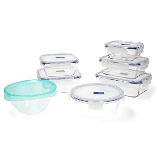 Luminarc Pure Box Active Set mit 7 luftdichten Glasbehältern, extra robust, BPA-frei, Mikrowellenventil, 0,38 + 0,76 + 0,82 + 0,92 + (2 x 1,22) L + 1 Salatschüssel 17 cm