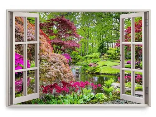Paul Sinus Wandbild 120x80cm Fensterbild Japanischer Garten Grün Natur Park Teich