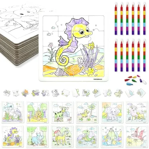 HahaMagic, 12PCS Puzzles zum Bemalen, mit 12 Stapelbare Wachsmalstifte (7 Farben in 1), Puzzles Selber Gestalten, geeignet als Kindergeburtstag Gastgeschenke und kleine geschenke für kinder