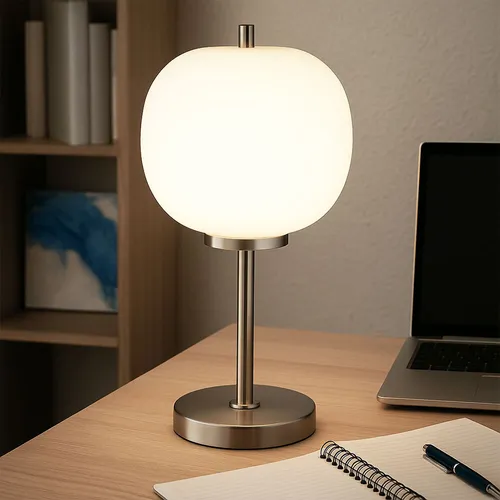 Moderne Tischleuchte mit Glaskugel – Beistelllampe für Schlafzimmer und Wohnzimmer - Nussknacker: Stilvolle Tischleuchte aus Metall mit opalem Schirm, ideal für individuelle Lichtgestaltung bis 40 Watt. Perfekt für gemütliche Akzente in jedem Raum.