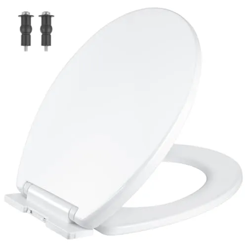 Hanra WC-Sitz mit Absenkautomatik und Schnellverschluss für einfache Reinigung, einfache Befestigung oben, Standard-Toilettensitz, ovale Form, Weiß mit verstellbaren Scharnieren, 430 L x 355 W