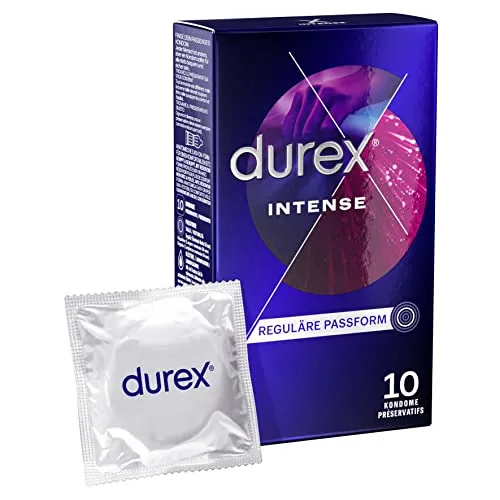 Durex Intense Orgasmic Kondome, gerippt und genoppt mit stimulierendem Gel, 10 Stück