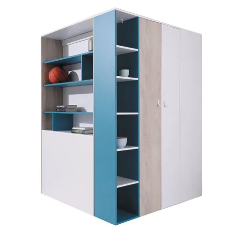 Lomadox Begehbarer Kleiderschrank für Jugendzimmer in Weiß und Eiche Blau - Moderner begehbarer Kleiderschrank mit viel Stauraum und trendigen Farben. Ideal für Kinder- und Jugendzimmer, inklusive 12 offenen Fächern und 3 Schubladen. Einfache Montage mit bebilderter Anleitung.