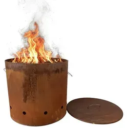 Feuertonne aus Cortenstahl - Edelrost Feuerstelle für den Außenbereich - Robuste Feuertonne aus hochwertigem Cortenstahl, ideal für gemütliche Abende im Freien. Bietet eine stilvolle Feuerstelle, die einfach aufgestellt werden kann und ohne Montage kommt.