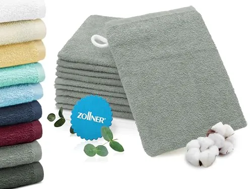 ZOLLNER 10er Set Waschhandschuhe in 16x21 cm - saugstarke und weiche Waschlappen in hellgrau - mit praktischem Aufhänger - waschbar bis 60°C - Baumwolle - Hotelqualität