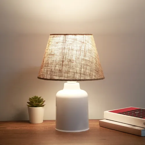 Opviq, Hochwertige Tischlampe, Creme und Weiß, 31 cm hoch, Jutekappe (22 x 14 cm), 150 cm Kabel, E27 Fassung, Max 40 W | Rustikales Design für modernes Wohnen.