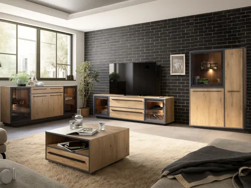 moebel-dich-auf Wohnwand Nardo in Wildeiche mit LED-Beleuchtung - Moderne Wohnwand in Wildeiche-Nachbildung, vielseitig kombinierbar. Mit Softclose-Funktion für sanftes Schließen und hochwertiger LED-Beleuchtung für eine gemütliche Atmosphäre.