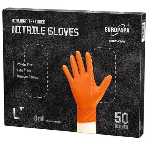 EUROPAPA® 50x extra Dicke Nitrilhandschuhe DiamantGrip Diamant Perfect Grip Einweghandschuhe Montageschutzhandschuhe puderfreier latexfreier Arbeitshandschuhe (8 mil, Orange, L)